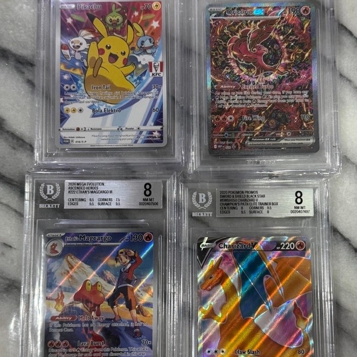 4 pcs kartu pokemon all semuanya grading beckett (BGS) 8 charizard,pikachu kfc,dll