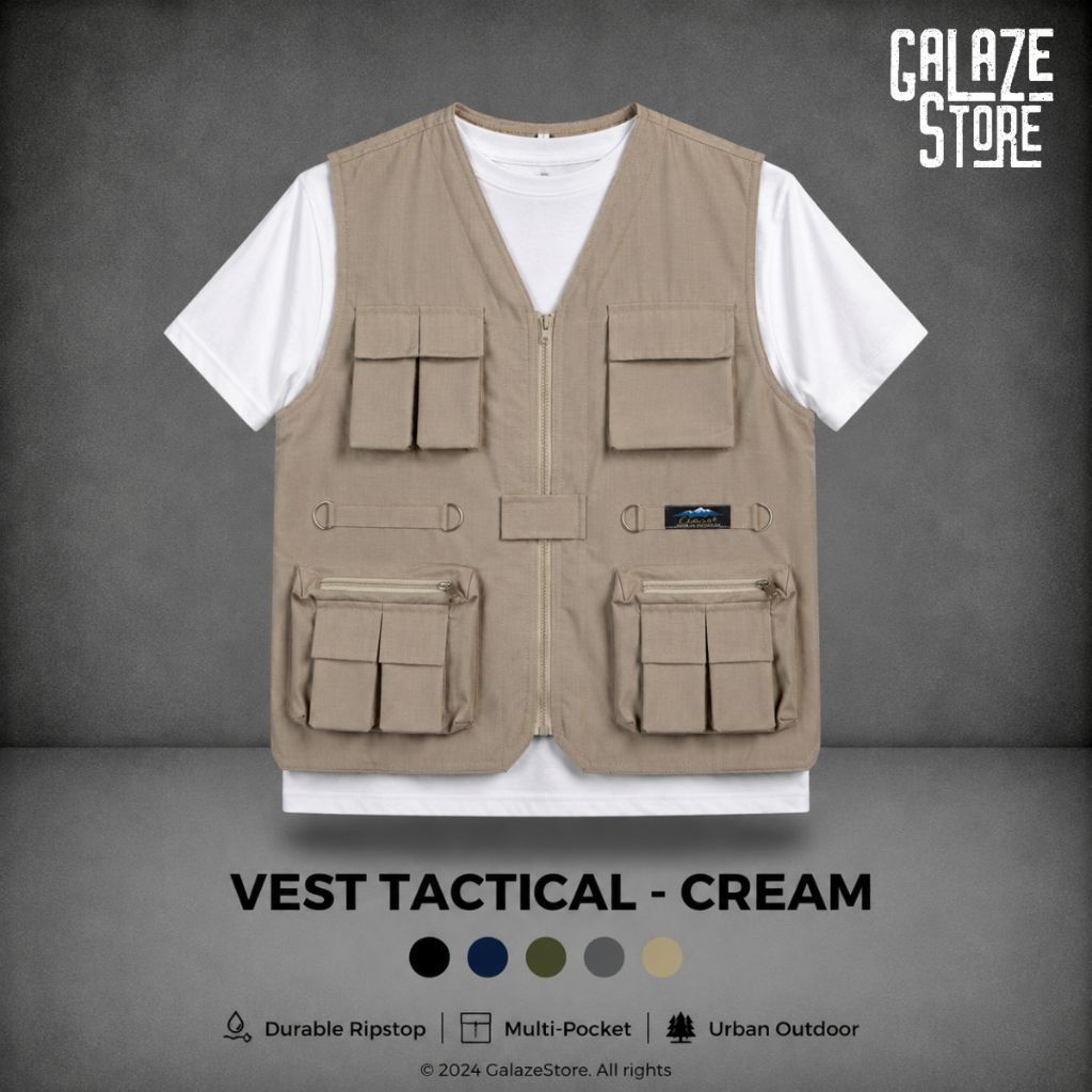 VEST CREAM - VEST TACTICAL - VEST RIPSTOP CREAM - ROMPI LAPANGAN OUTDOOR - ROMPI MOTOR - ROMPI KREM 
