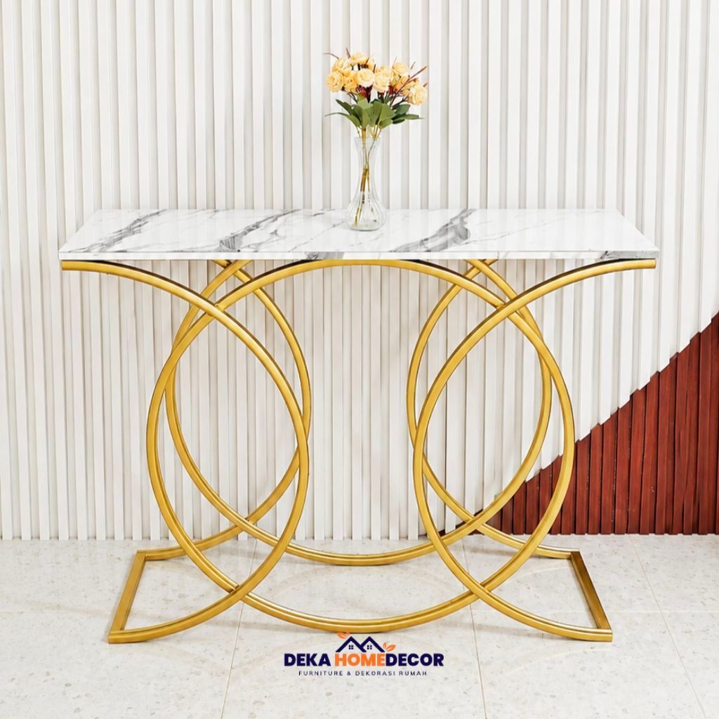 Meja Konsol Minimalis MOLA HPL Motif Marmer Glossy Mewah Besi Gold Industrial Furniture Ruang Tamu