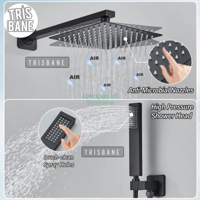 Shower Set Hitam Big Size 10 Inch Wall Shower Mandi Tanam Premium Black Keran