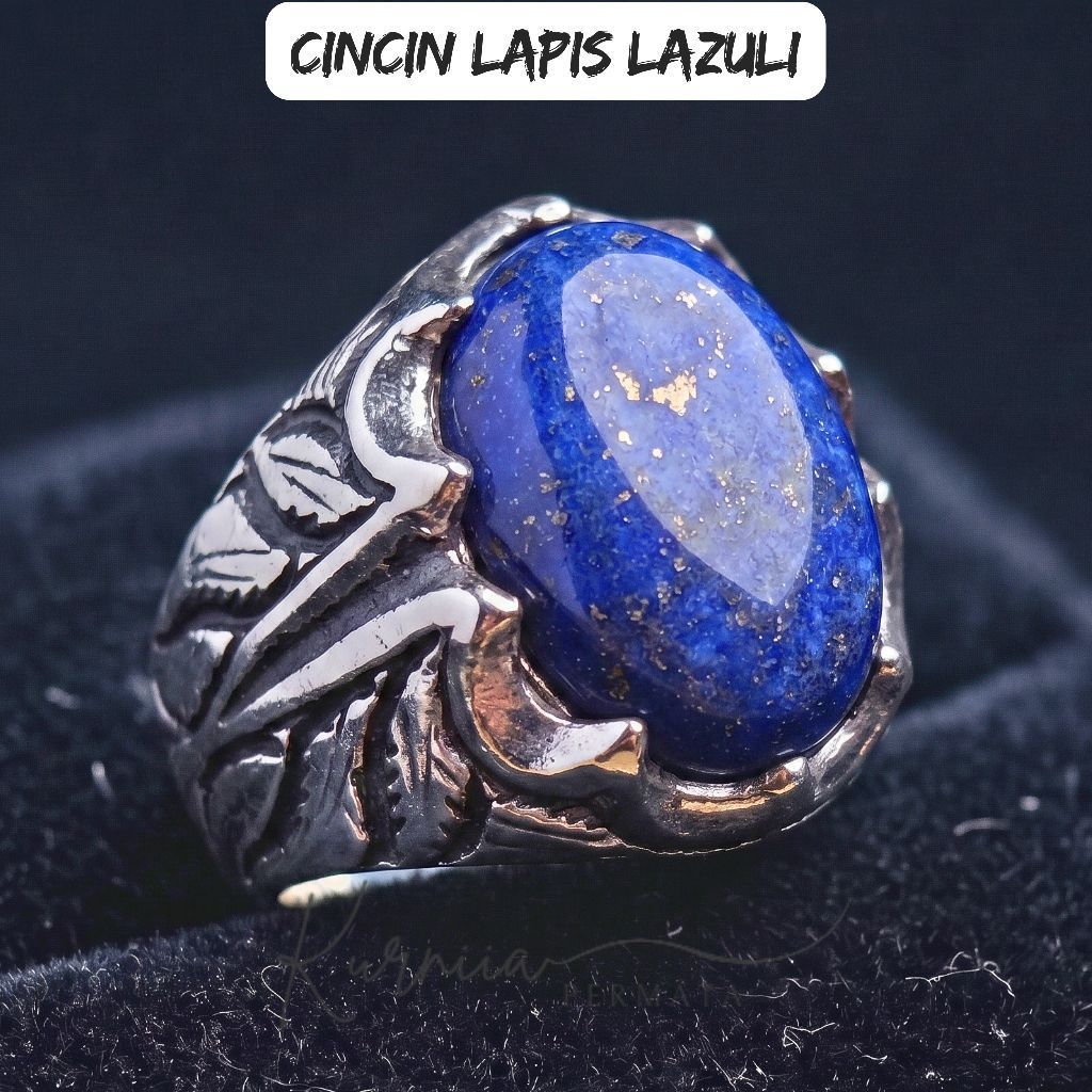 Cincin Batu Lapis Lazuli Asli Natural / Batu Permata Biru Badar Perak Rings Alpaka Super