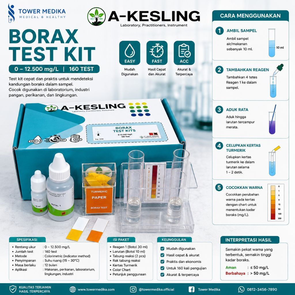 A-KESLING Borax Test Kit 0–12.500 mg/L – 50 Test | Kit Uji Boraks Makanan