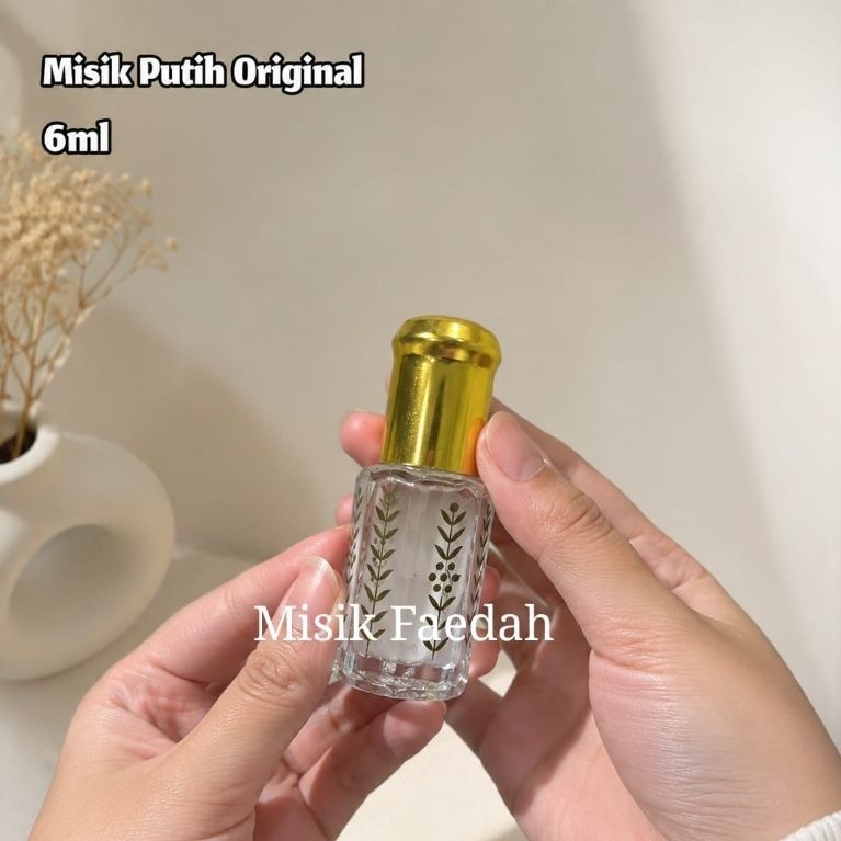 Misik Putih Original 6ml Parfum Mini Botol Kaca Motif Daun Tutup Emas
