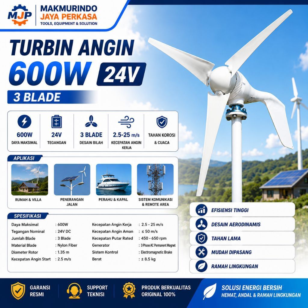 Turbin Angin 600W 24V 3 Blade Wind Turbine Generator Pembangkit Listrik Tenaga Angin