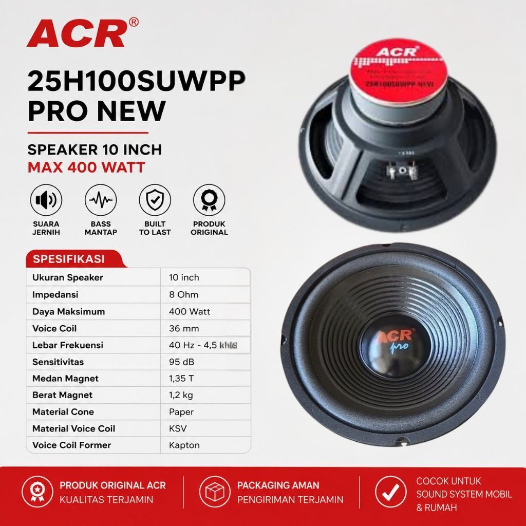 Surya Agung Speaker ACR 10 inch SUWPP 25H100 PRO NEW Wofer original sinar baja