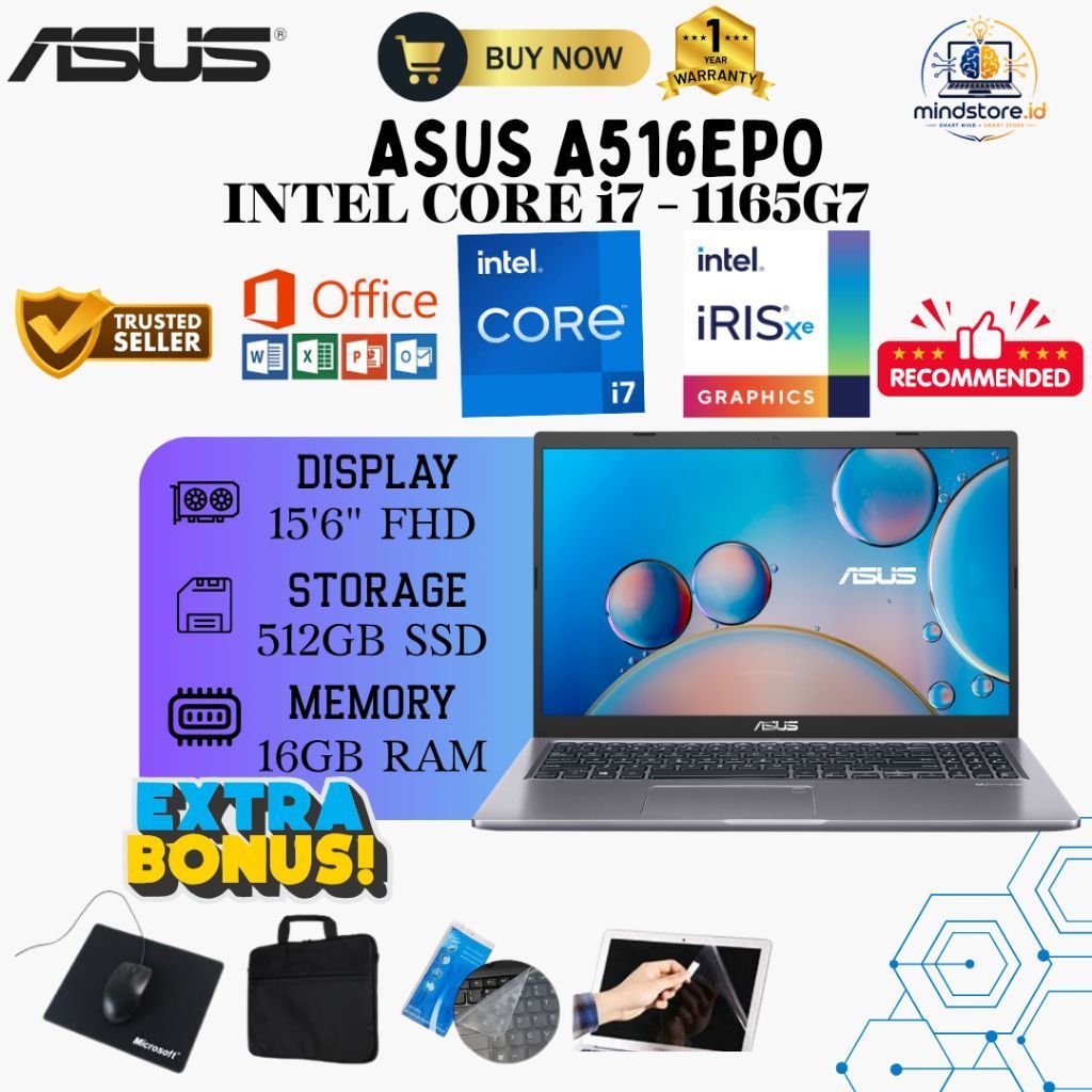 ASUS VIVOBOOK A516EPO INTEL CORE i7 - 1165G7 | 16GB RAM 512GB SSD | 15'6" INCH NVIDIA MX330 |