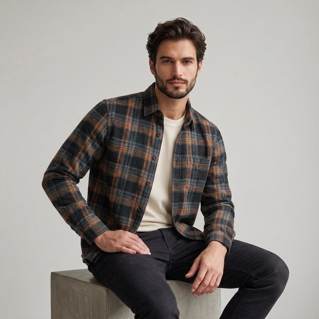 Peternation kemeja flanel pria wool basic panjang regular fit FN1010