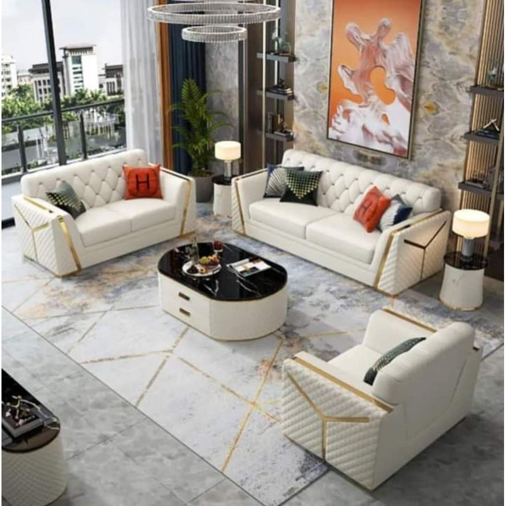 Sofa 321 Chesterfield Design Sofa Ruang Tamu Kulit Mewah Sofa Kursi Tamu Set Modern Cream Leather