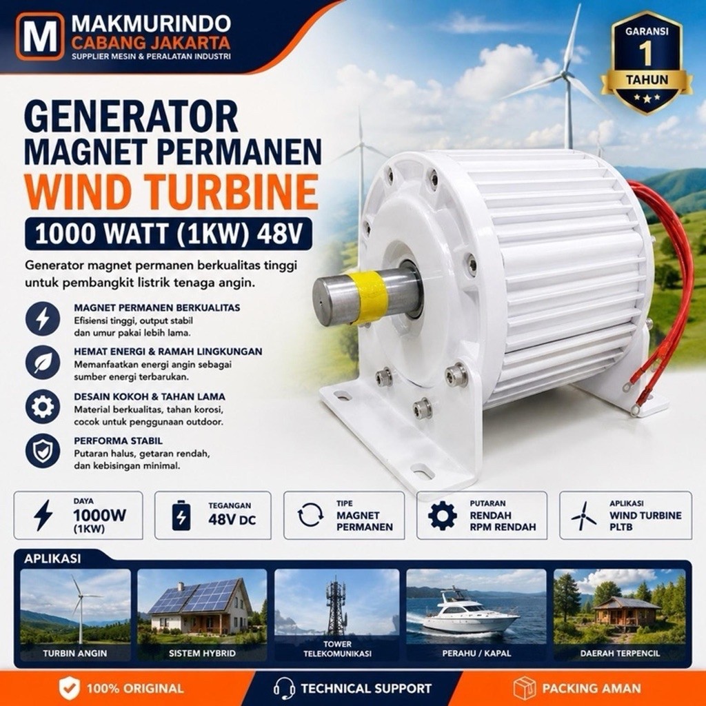 Generator Magnet Permanen 1000 Watt 1KW 48V Wind Turbine Pembangkit Listrik Tenaga Angin
