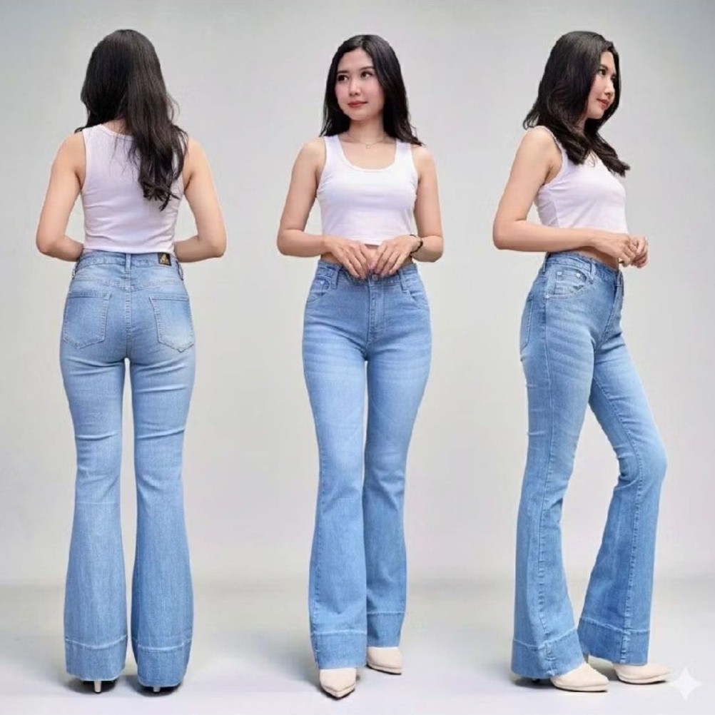 Jennie-Highwaist Cutbray Jeans Celana Flare Panjang Stretch Wanita Vintage Lipat Bawah