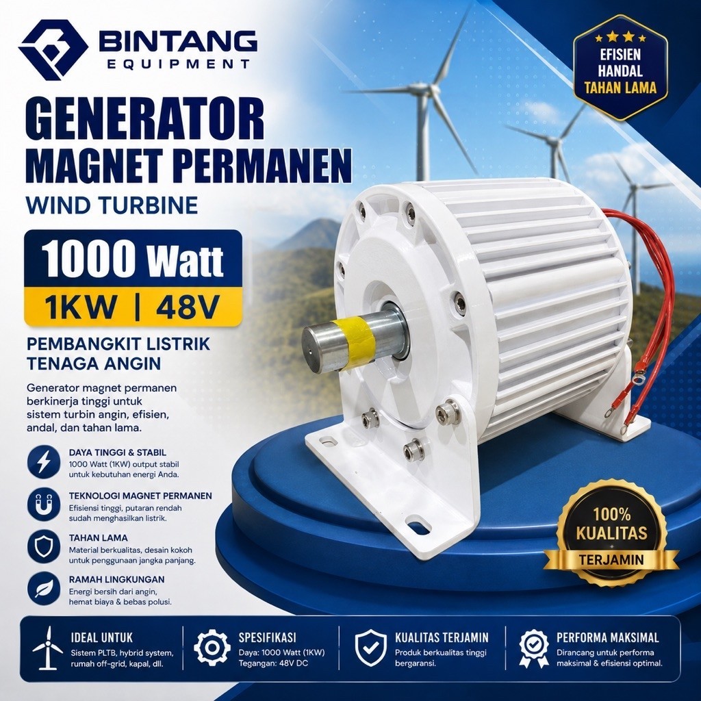 Generator Magnet Permanen 1000 Watt 1KW 48V Wind Turbine Pembangkit Listrik Tenaga Angin
