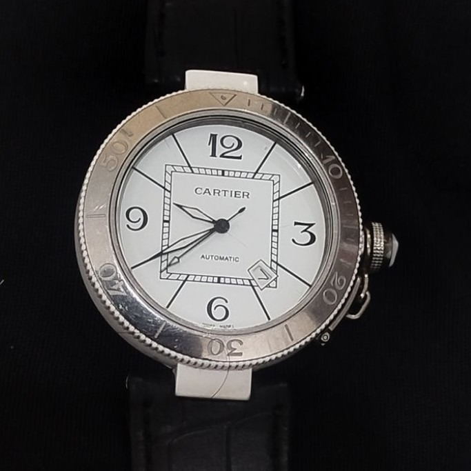 Jam Tangan CARTIER Automatic Analog Dial Putih Strap Hitam Unisex