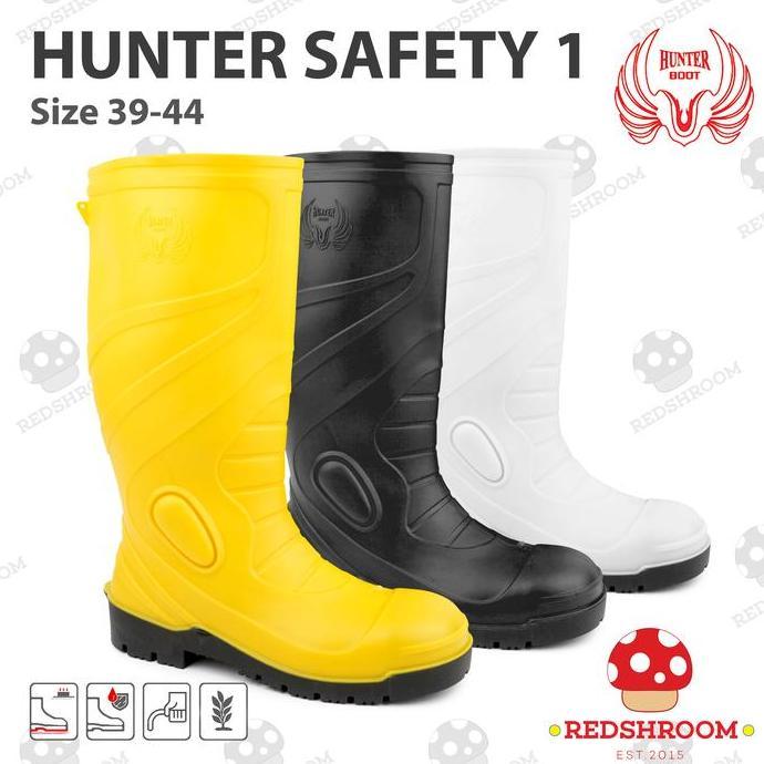 Sepatu Boot Tinggi Hunter Safety 1 Hitam Kuning Putih Toe Cap Besi