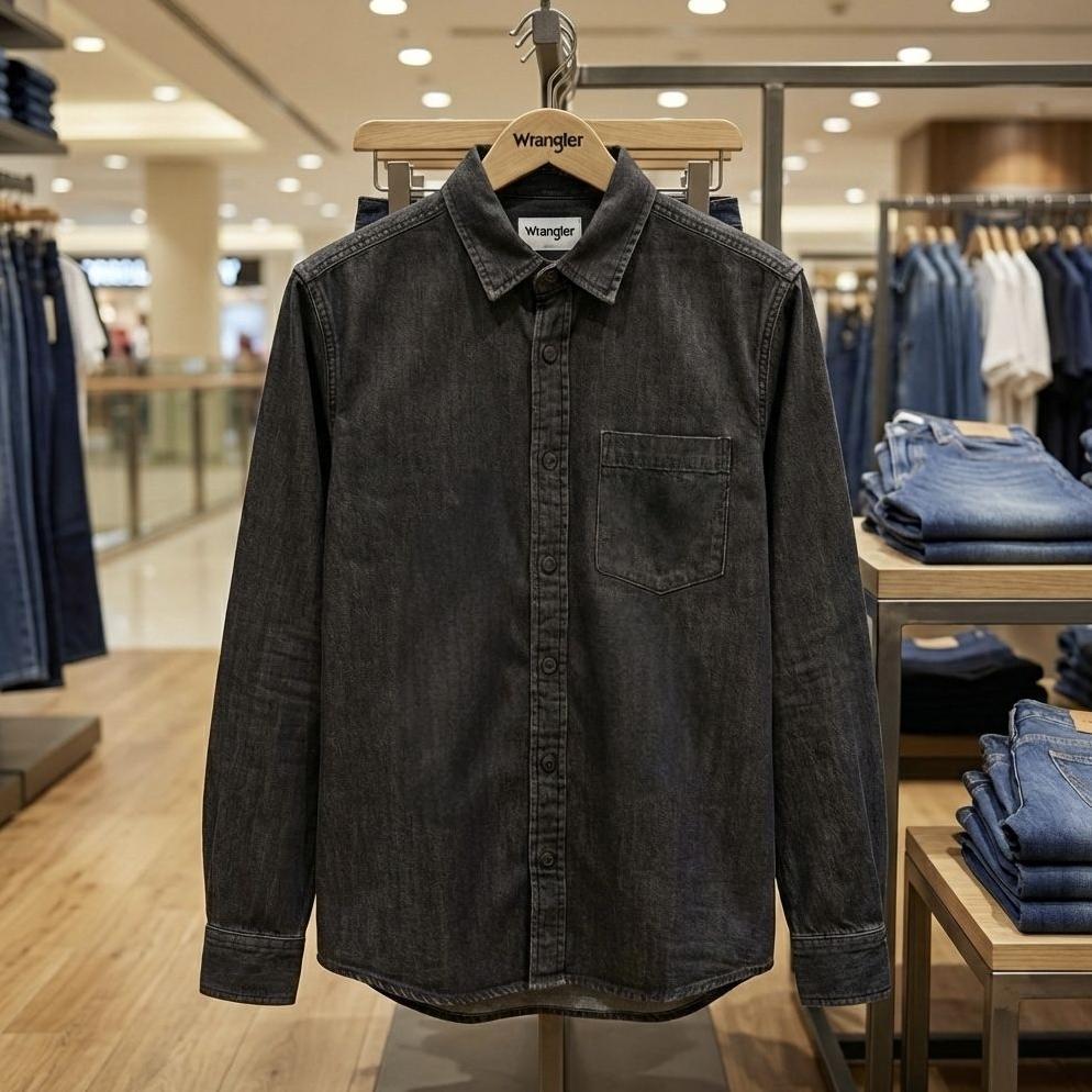 Free Ongkir Wrangler Kemeja Denim Pria Lengan Panjang Black Wash Original - Kemeja Jeans Hitam Cowok