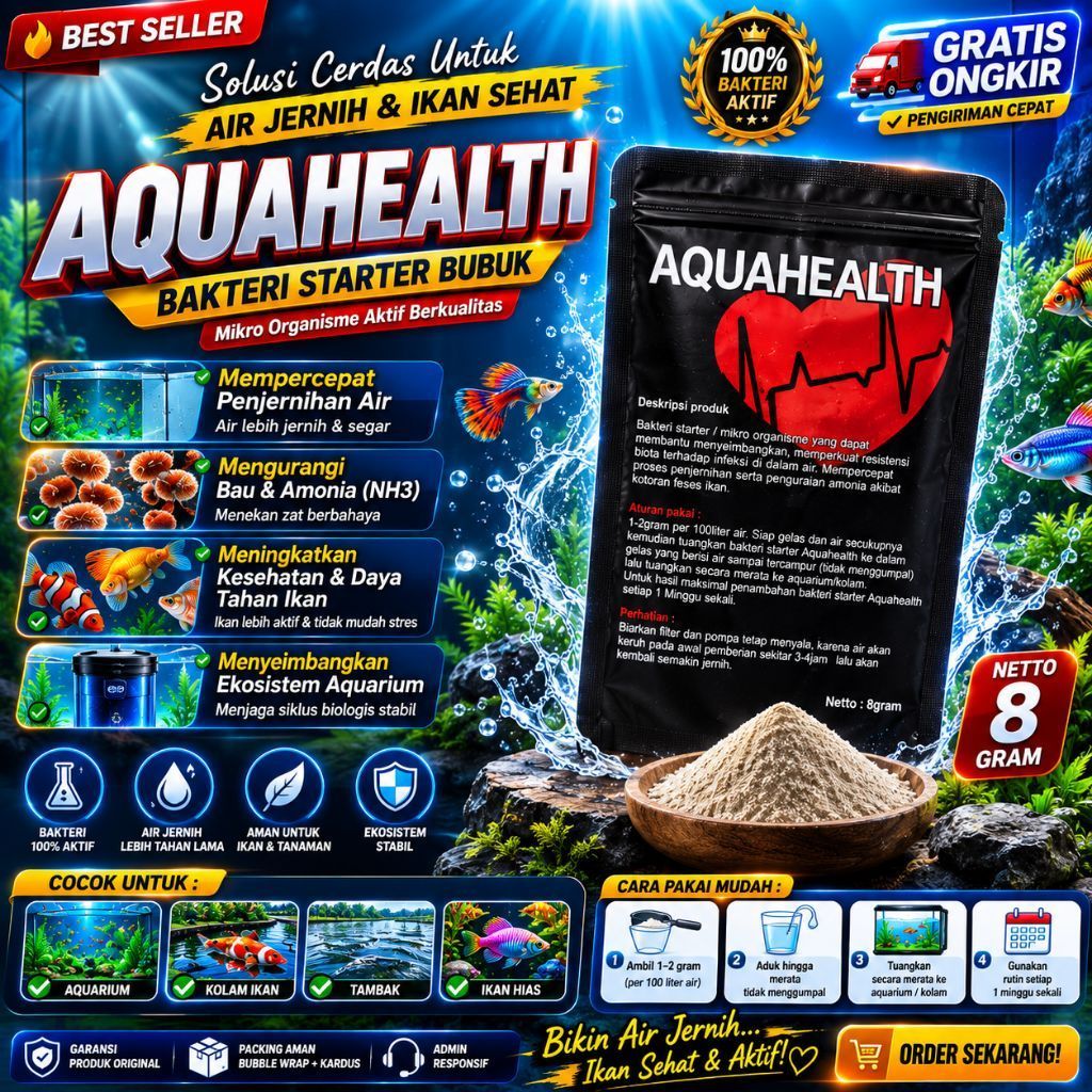bakteri starter bubuk, bakteri starter aquahealth, 8 Gram - Membantu Menyeimbangkan Mikroorganisme, 