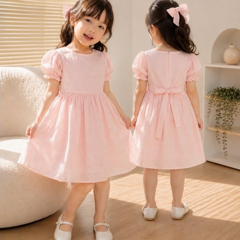 Dress Anak Perempuan Usia 1-10 Tahun Lengan Puff Motif Eyelet Gaun Dress Casual