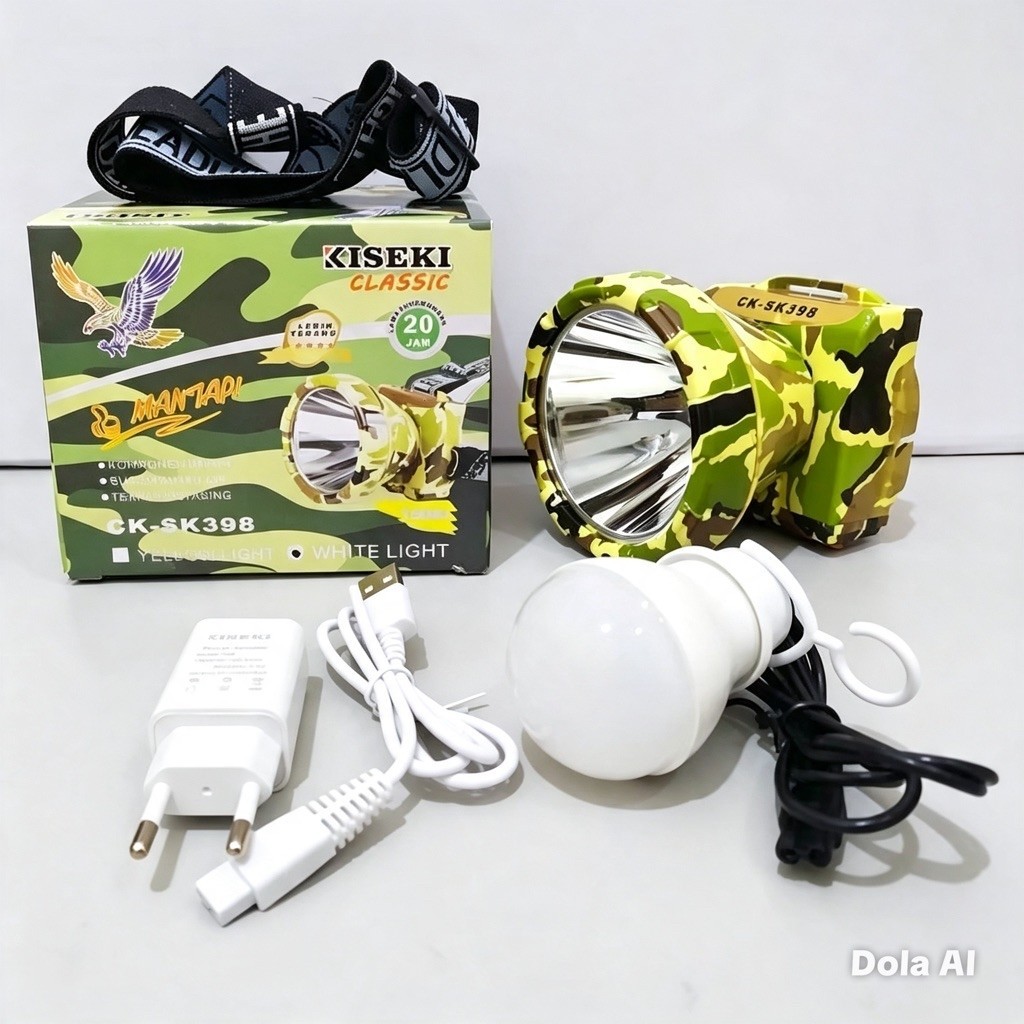 Senter Kepala Kiseki CK-SK398 Putih/Kuninig 150 Watt Charger bonus Lampu