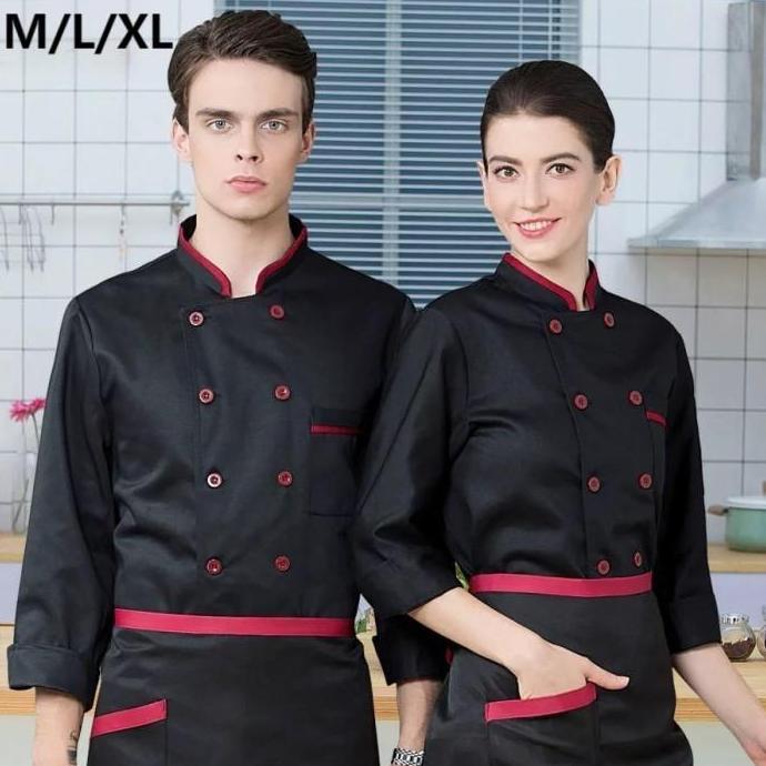 DJEESE Baju Koki Chef Unisex Baju Kitchen Chef Pria Baju Chef Indonesia Chef Jaket Hitam Seragam Che