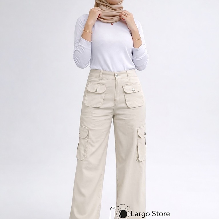 Pengiriman Cepat Celana Cargo Panjang Wanita Highwaist - Cargo Denim Pasir Putih Krem Cargo Lulu