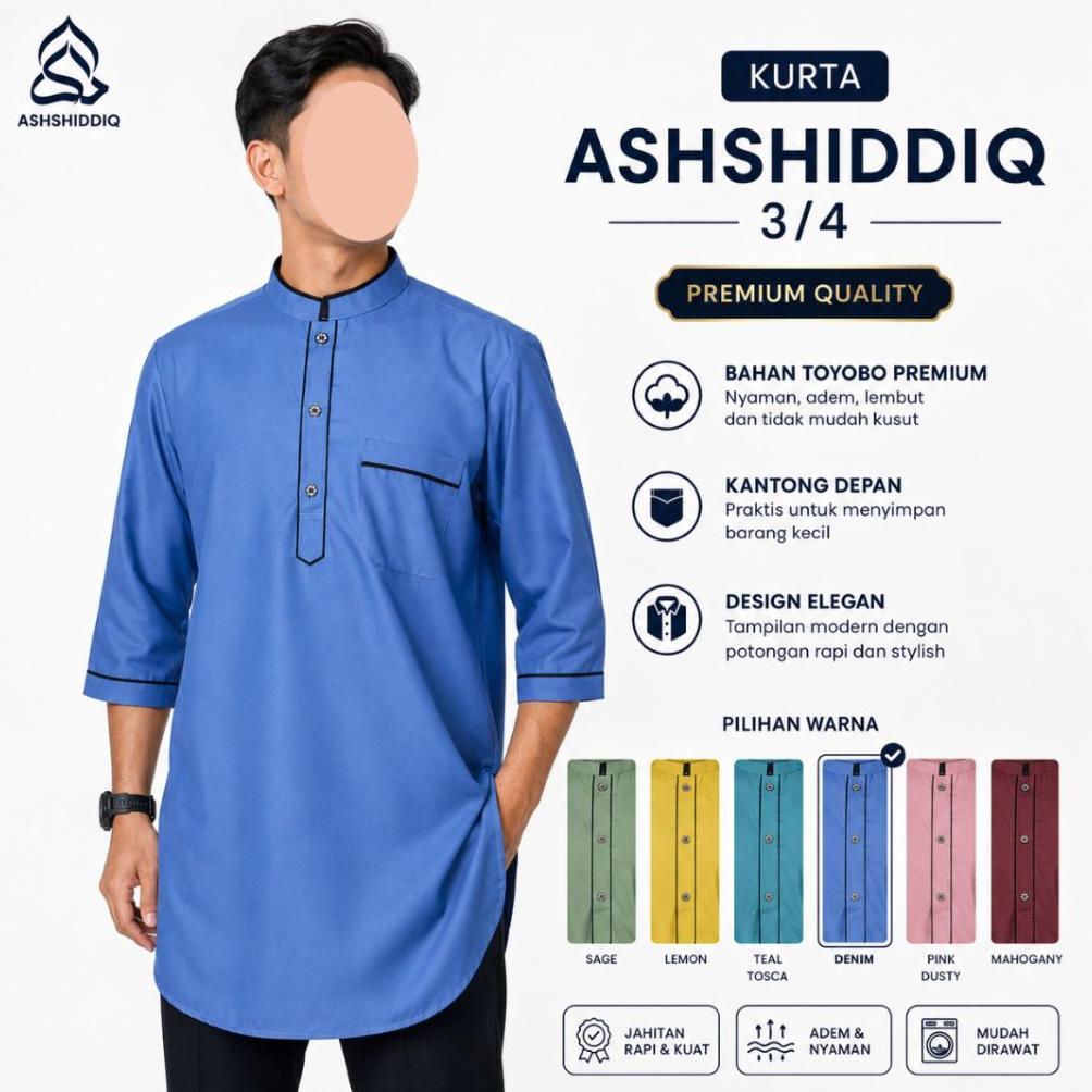 ORIGINAL KOKO KURTA ASHSHIDDIQ - BAJU KOKO KURTA PRIA DEWASA LENGAN 3/4 WARNA MUSTARD PUTIH HIJAU BO