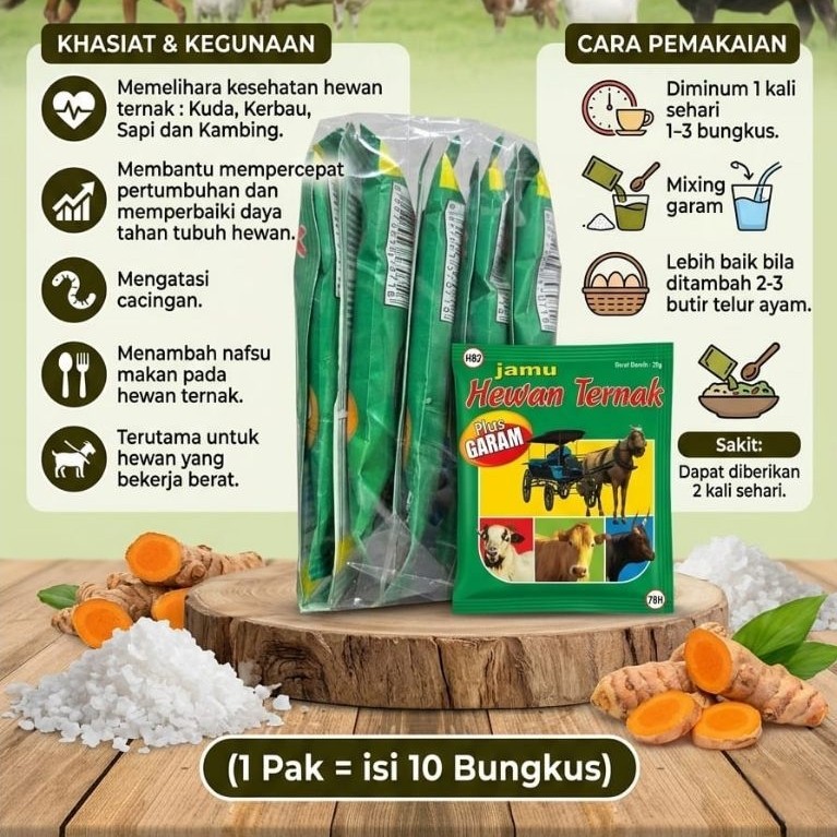 Jamu Hewan Ternak 1 Pak Isi 10 Sachet (Berat Tiap Sachet = 20 Gram) Plus Garam / Jamu Hewan Cap Jago