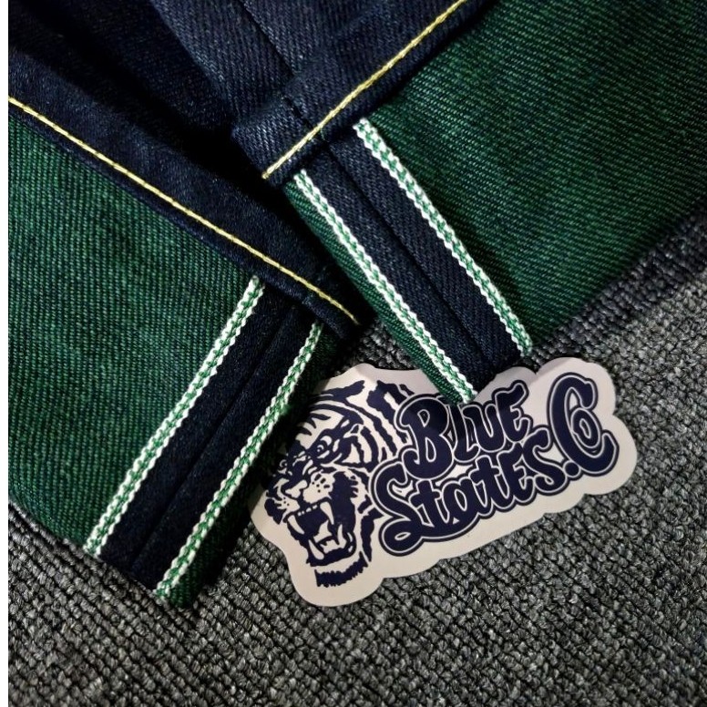 BLUESTATES DENIM "FORTUNE TIGER GREEN" 22 OZ GREEN WEFT UNSANFORIZED DENIM
