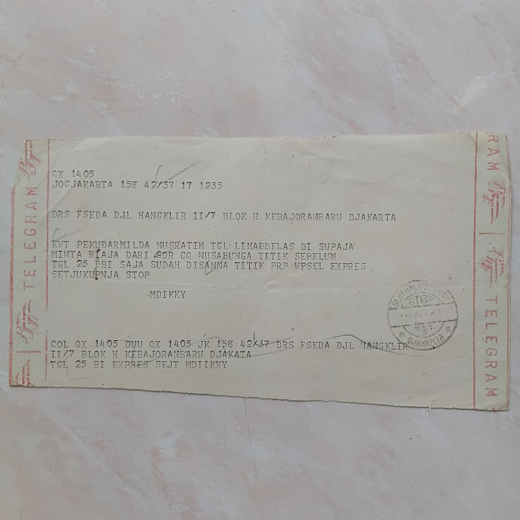 Koleksi Dokumen Arsip Kuno 1962 Telegram Djokjakarta ke Djakarta - YN3456