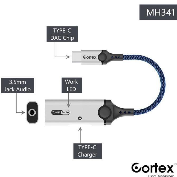 Cortex Power - MH341 USB-C Splitter 2in1 Type-C to Charging + 3.5mm Audio Open Mic 60W Charging Adap