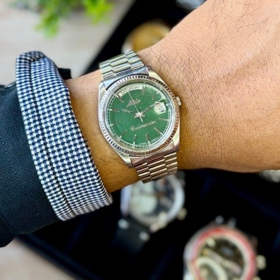 Vintage Mido Commander President Day-Date Automatic - Green Guilloche Dial Original rare