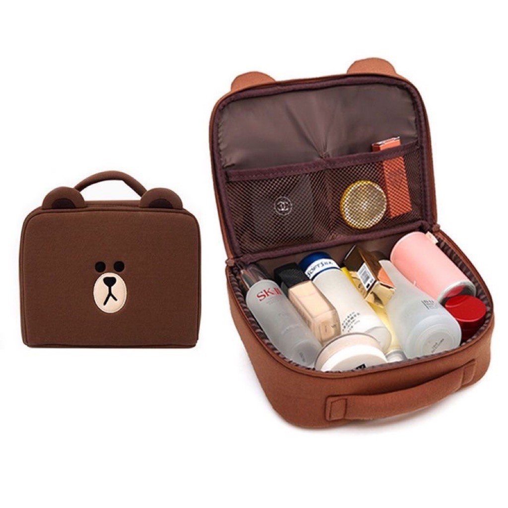 [PREORDER] Pouch Makeup Bear Cute | Tas Kosmetik Travel Kapasitas Besar Brown Line Sally
