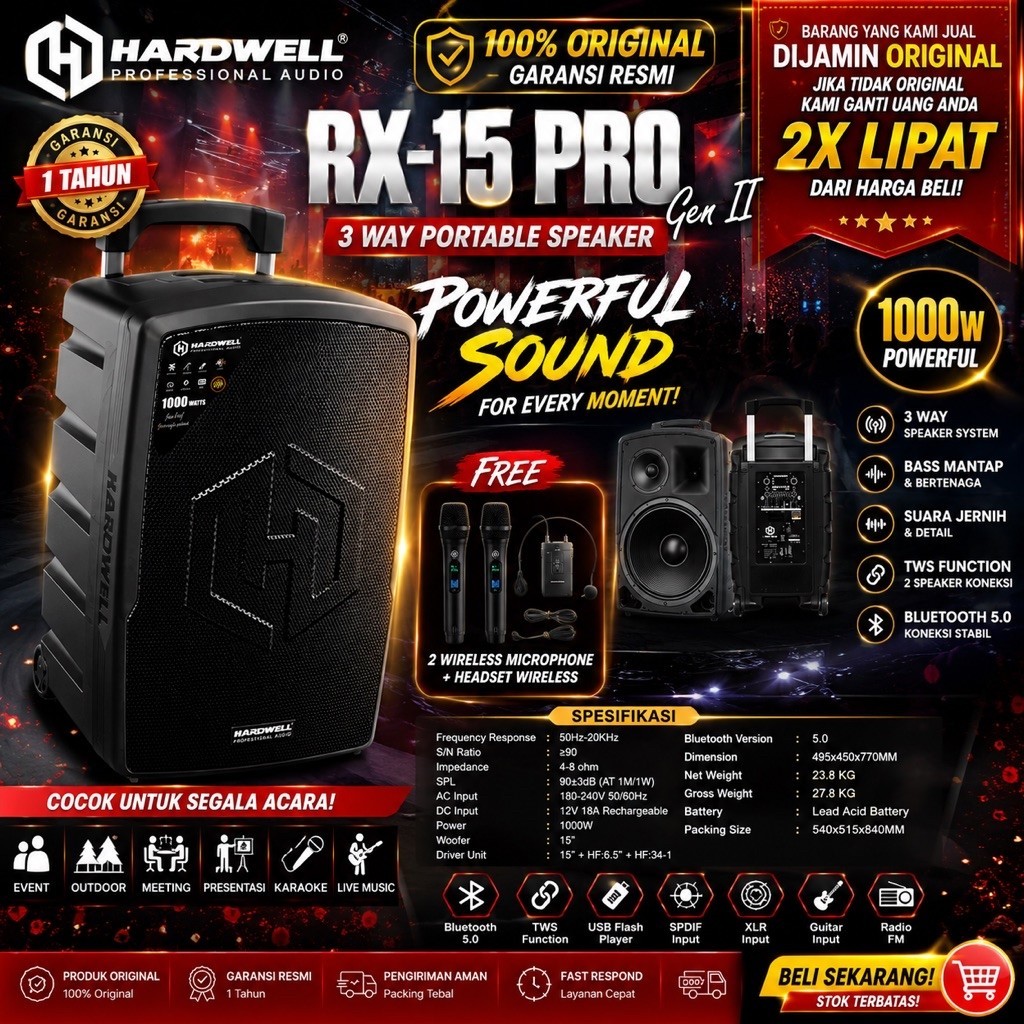 Speaker Portable Hardwell Rx15pro Original Speaker Portable Hardwell 15inch