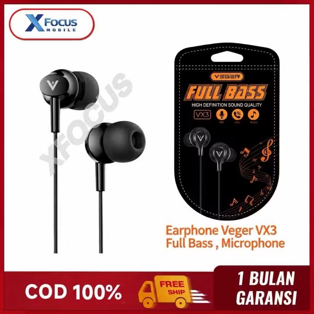 Headset VEGER VX-3 / headset handsfree earphone VEGER VX-3 extra bass with MIC ORIGINAL GARANSI