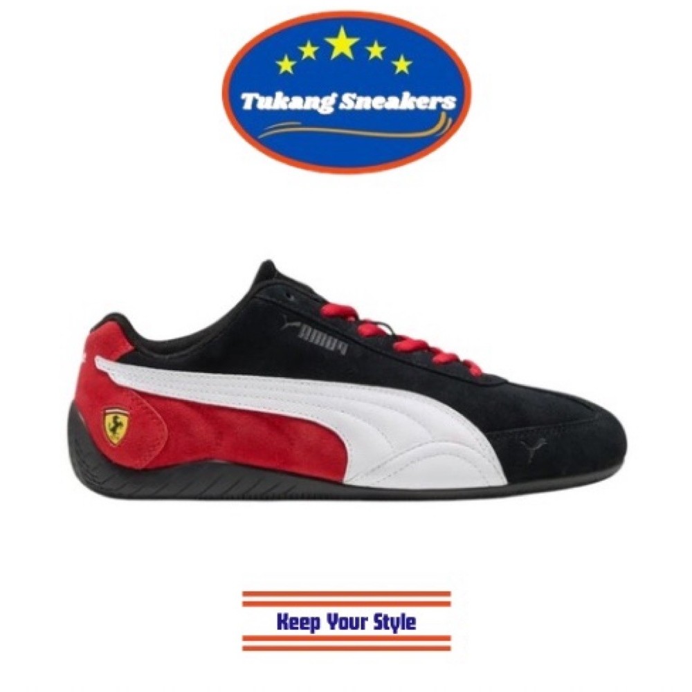 Sepatu Sneakers Unisex Puma Ferrari Speedcat Black White Rosso Corsa  PMA309404-01