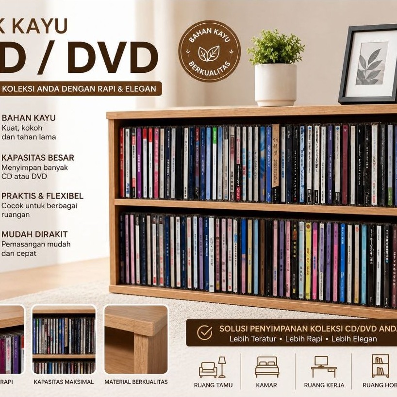 Rak Tempat Koleksi Kaset CD atau DVD Kayu