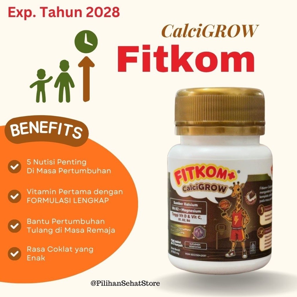 FITKOM CalciGROW (Exp. 2028) TABLET kunyah Suplemen Pertumbuhan Tulang Tinggi Tumbuh Anak - 21 Table