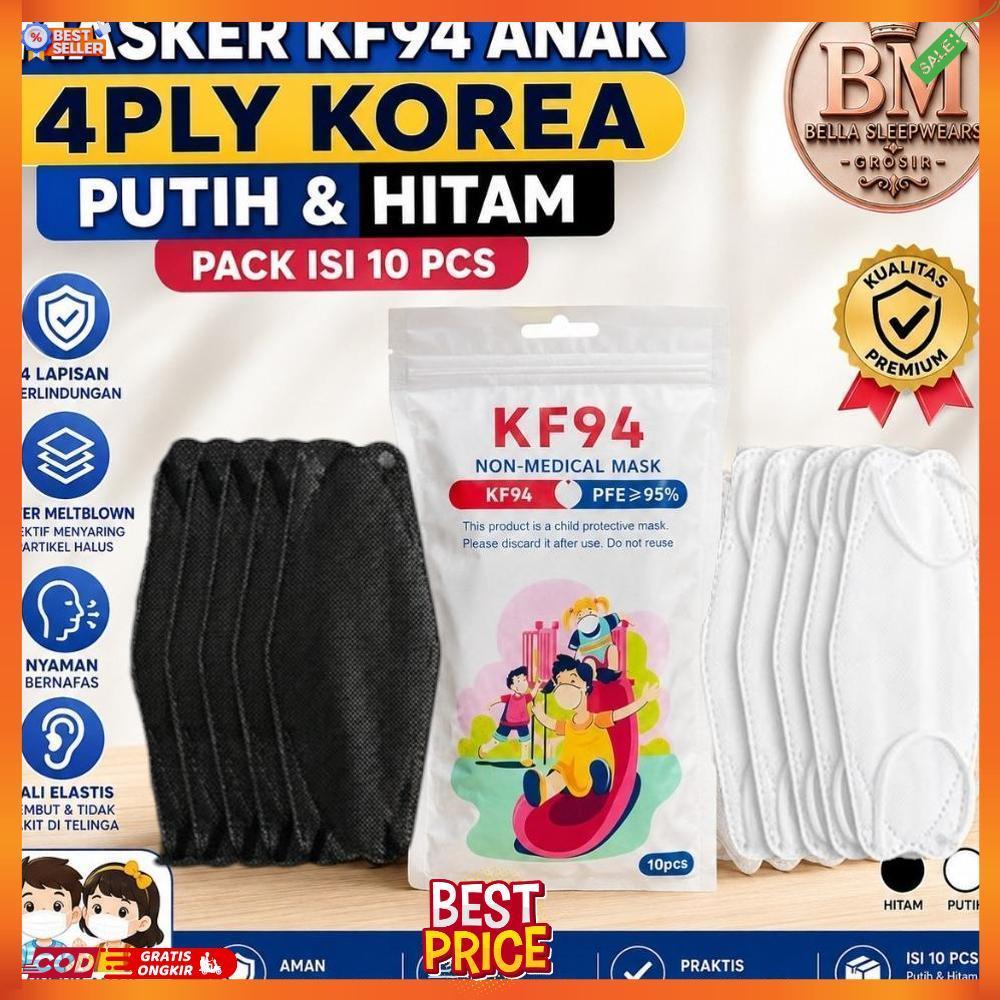 BELLA | MASKER KF94 ANAK KIDS ITC KOREA FILTCARE ANAK POLOS PUTIH HITAM ISI 10 PCS - MASKER KF94 ANA