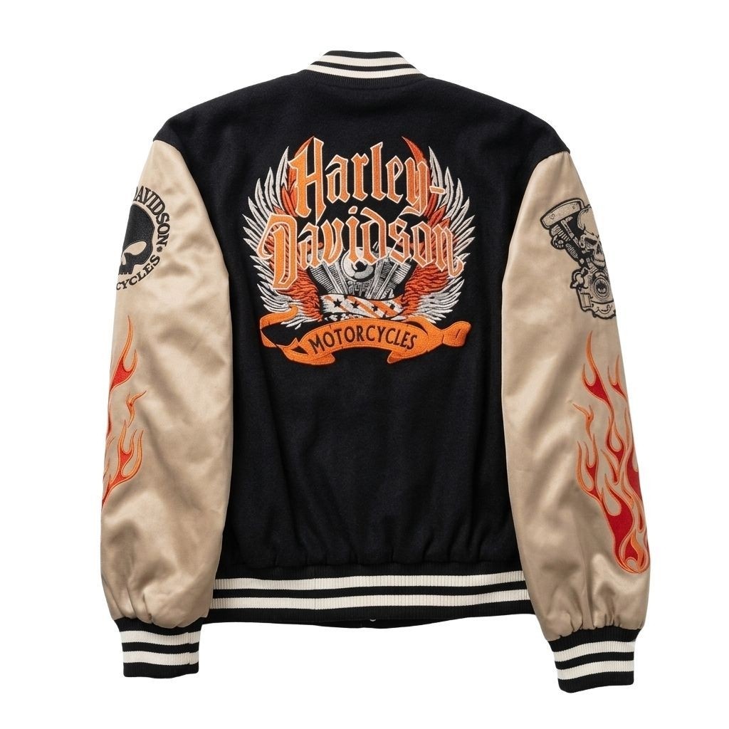 Jaket Varsity Harley-Davidson Hitam Cream Flameburn