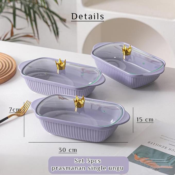 Save- Hc [ Set Isi 3 ] Prasmanan Keramik Tutup Kaca Crown Tempat Lauk Keramik Piring Saji Piring Lau