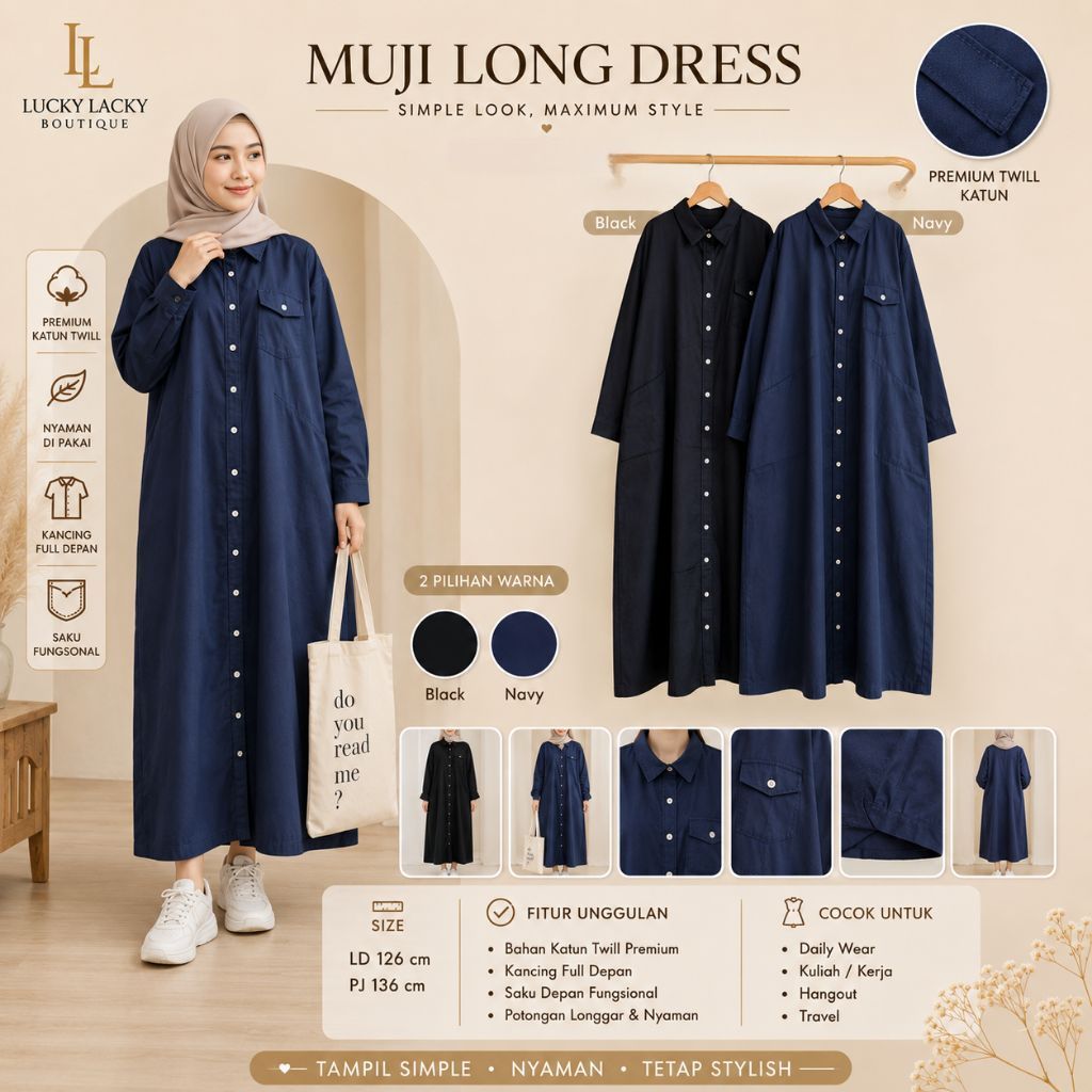 Gamis Kemeja Oversize Wanita Premium Soft Cotton Twill Jumbo Busui Friendly Lengan Panjang LD 132 PJ