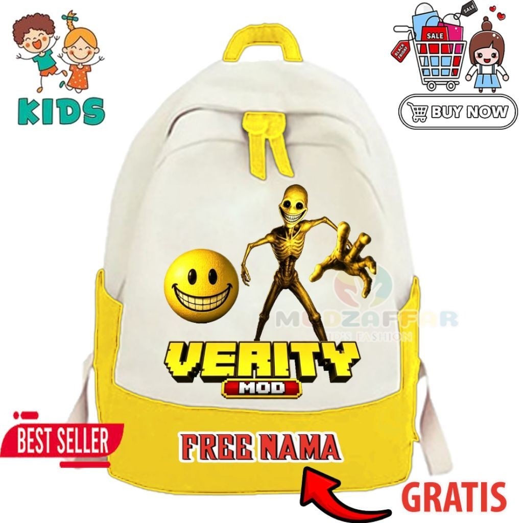 Tas Ransel Anak KIDS Verity Mod motif tengkorak emoji putih kuning dengan free nama gratis