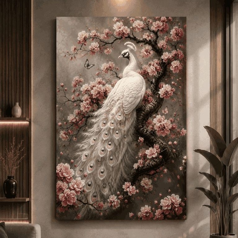 Wallpaper Dinding Motif Merak Putih & Bunga Sakura | Wall Mural 3D Premium Elegan Mewah untuk Ruang 