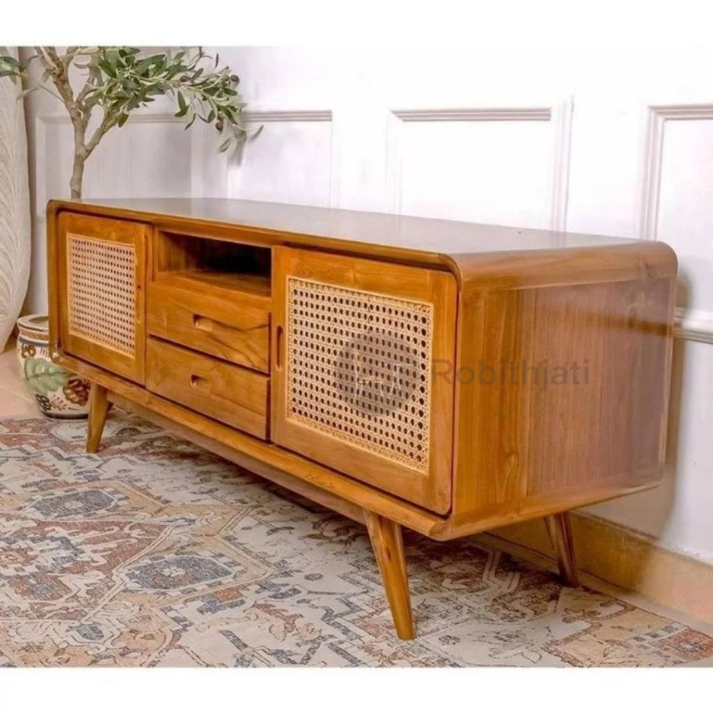 meja tv kayu jati minimalis/meja tv retro kombinasi rotan/meja tv rotan minimalis