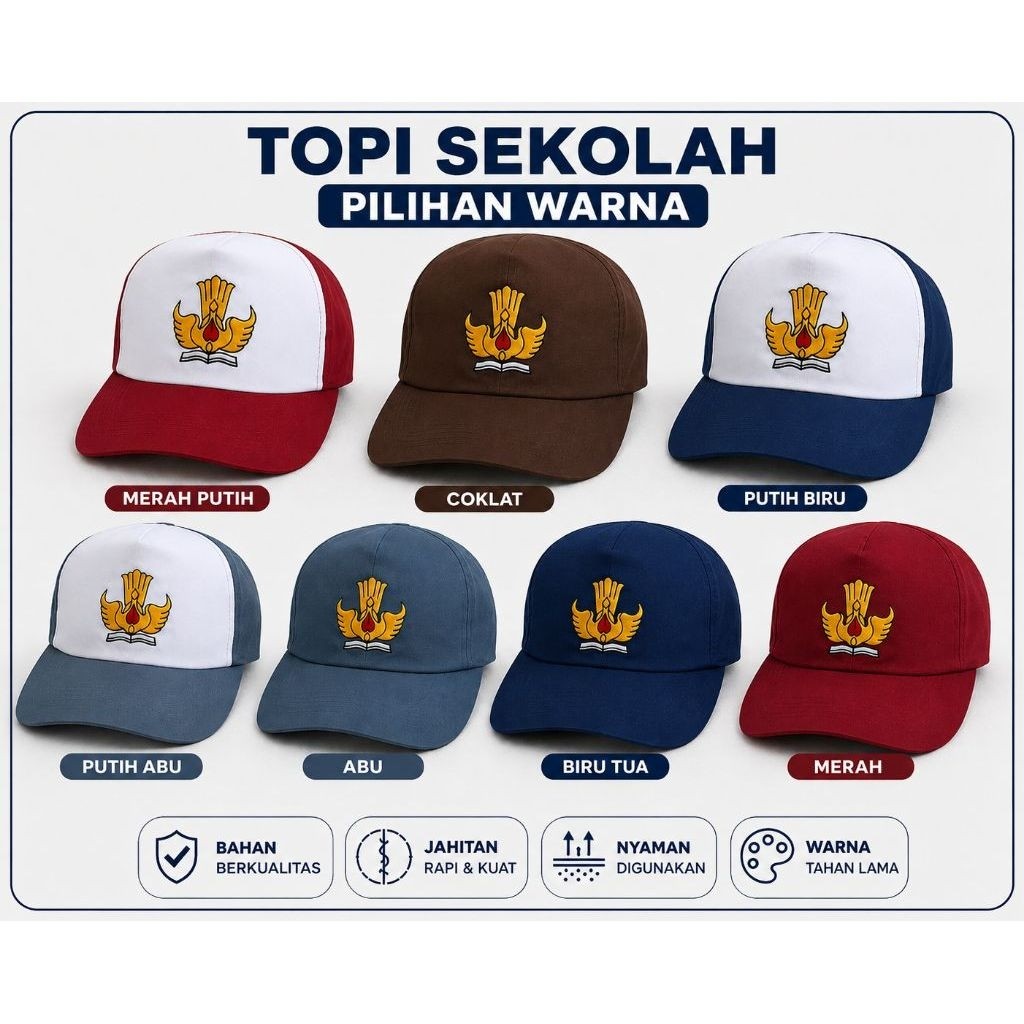 Topi Sekolah SD SMP SMA Pramuka Sekolah Negeri dengan Bordir Kuning