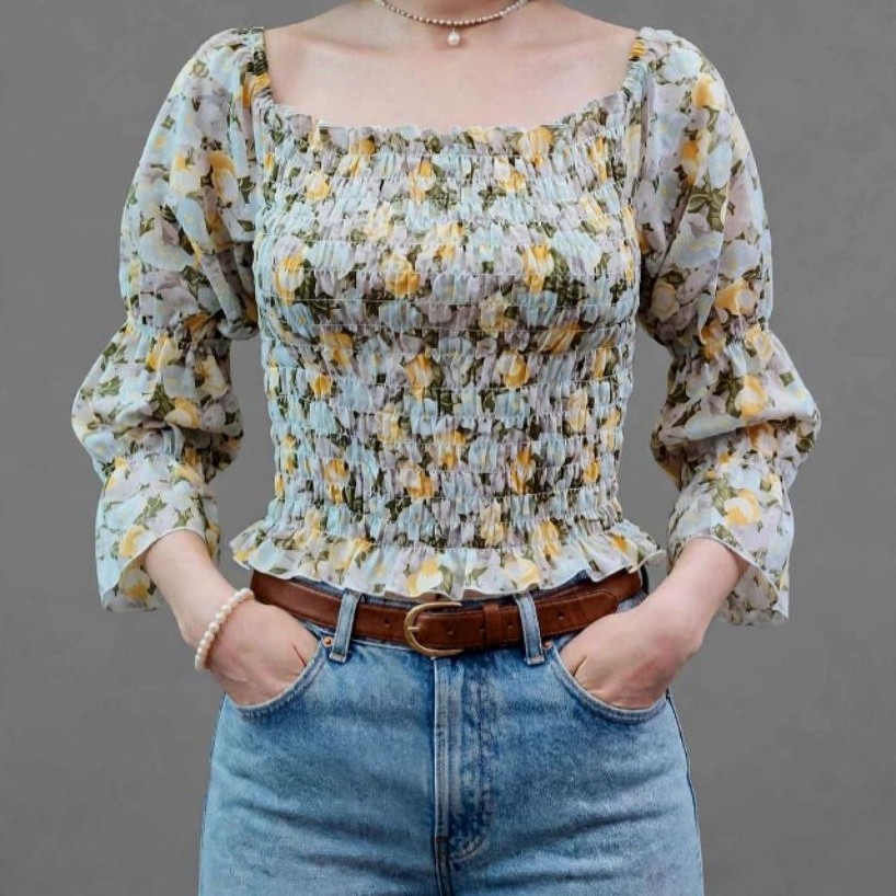 Blouse Smocked Floral Kuning Pastel Square Neck Puff Prel0v | PL 709