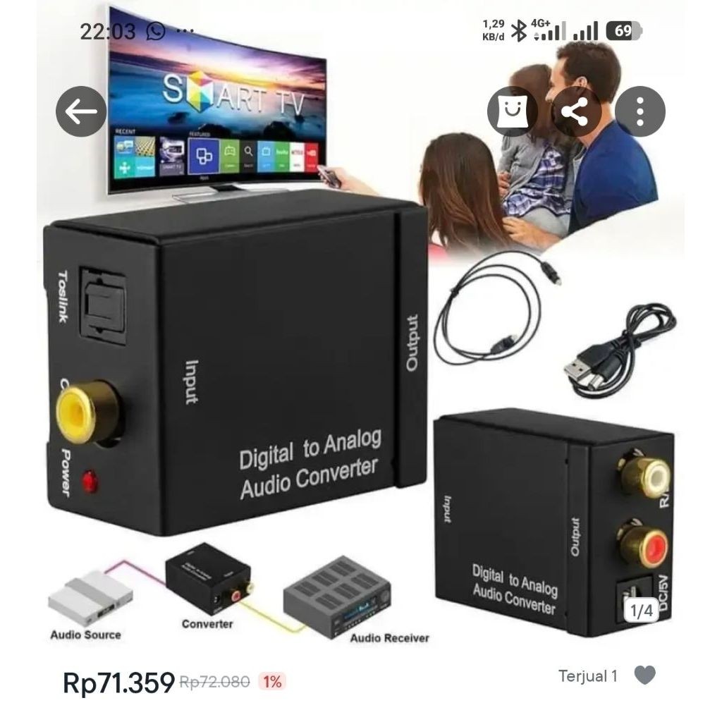 Digital to Analog Audio Converter Toslink Optical/Coaxial to RCA TV- Paket USB