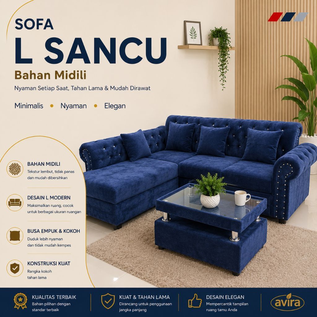 Sofa L Sancu Avira Full Midili Bludru Sofa Sudut L Putus Minimalis Kursi Ruang Tamu Murah Indramayu 
