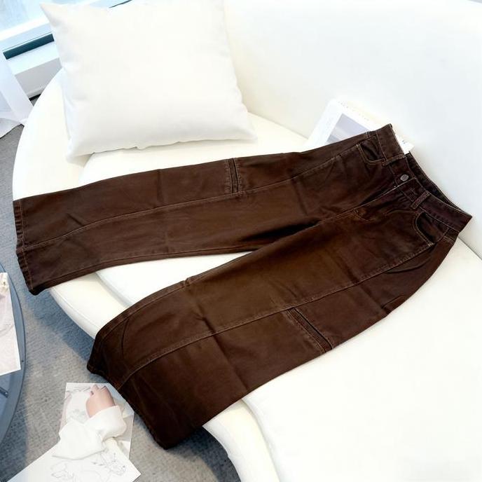 cokelat Celana Cargo Jeans Wanita Highwaist Loose pants Celana Jeans Cewek Celana Cargo Denim Wide L