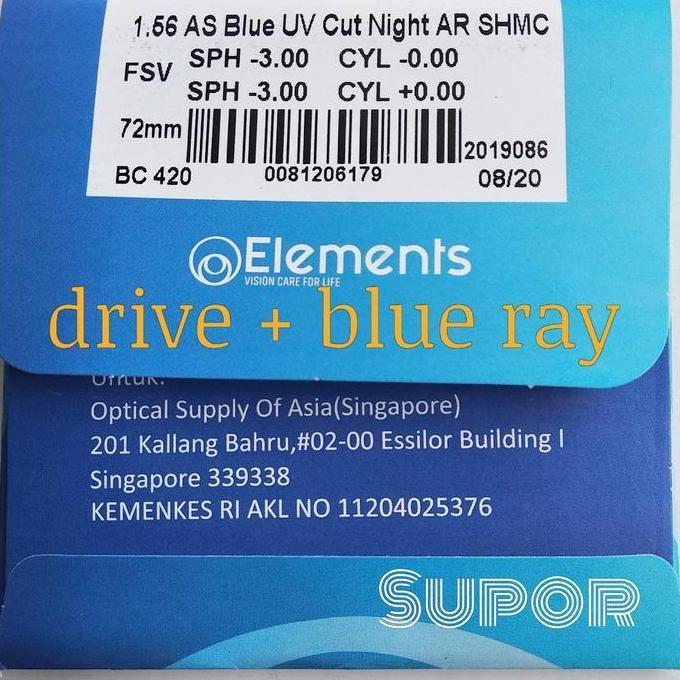 Lensa kacamata Essilor Elements anti radiasi Blue Ray Drive Night SV