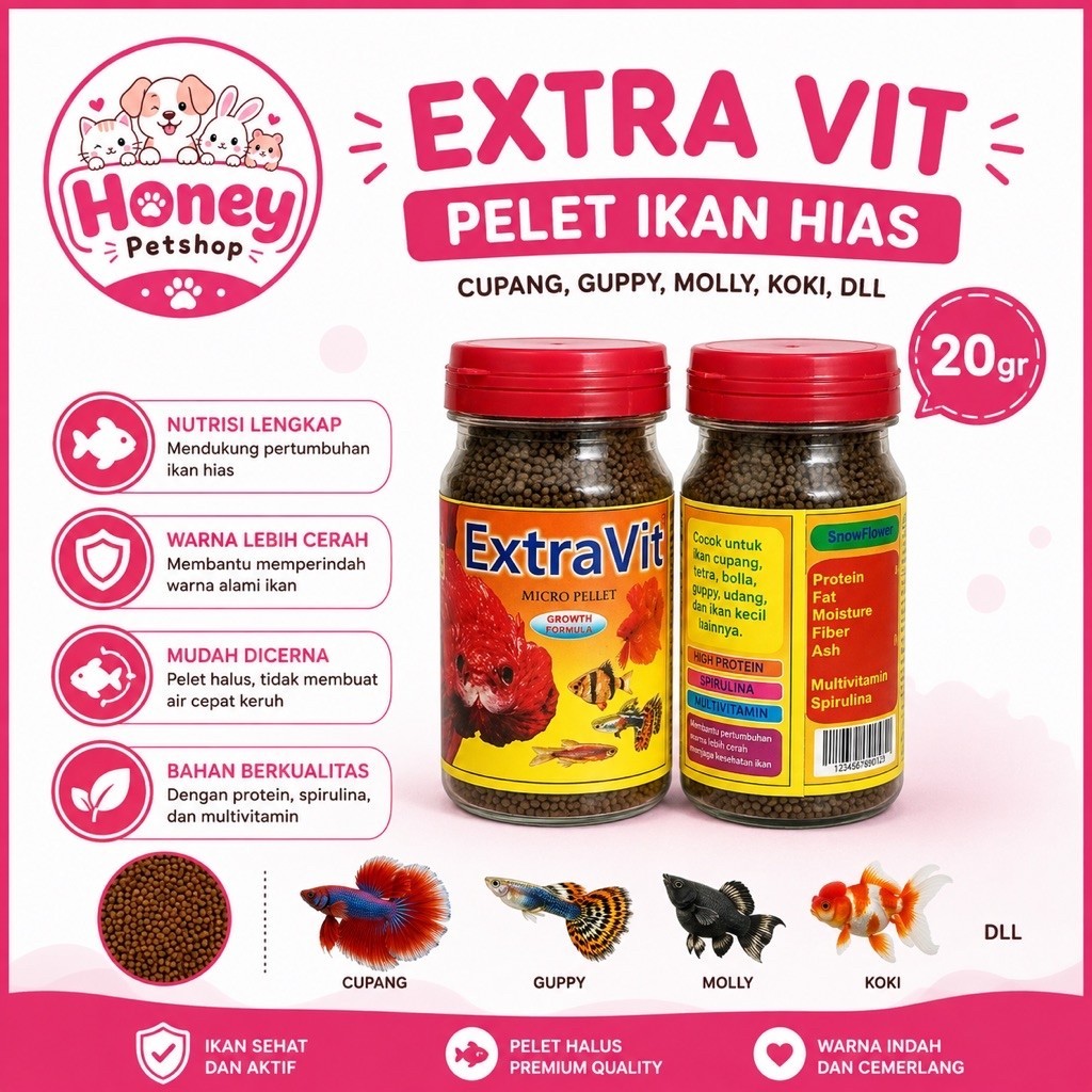 Extra Vit Sinking & Floating Pelet Ikan Hias Kecil Cupang, Guppy, Molly, Danio, Glowfish, Koki, dll