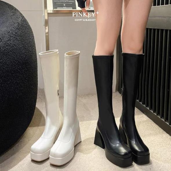 PINKEY P295 Boots Panjang Wanita Heels 10cm Platform Hitam Putih